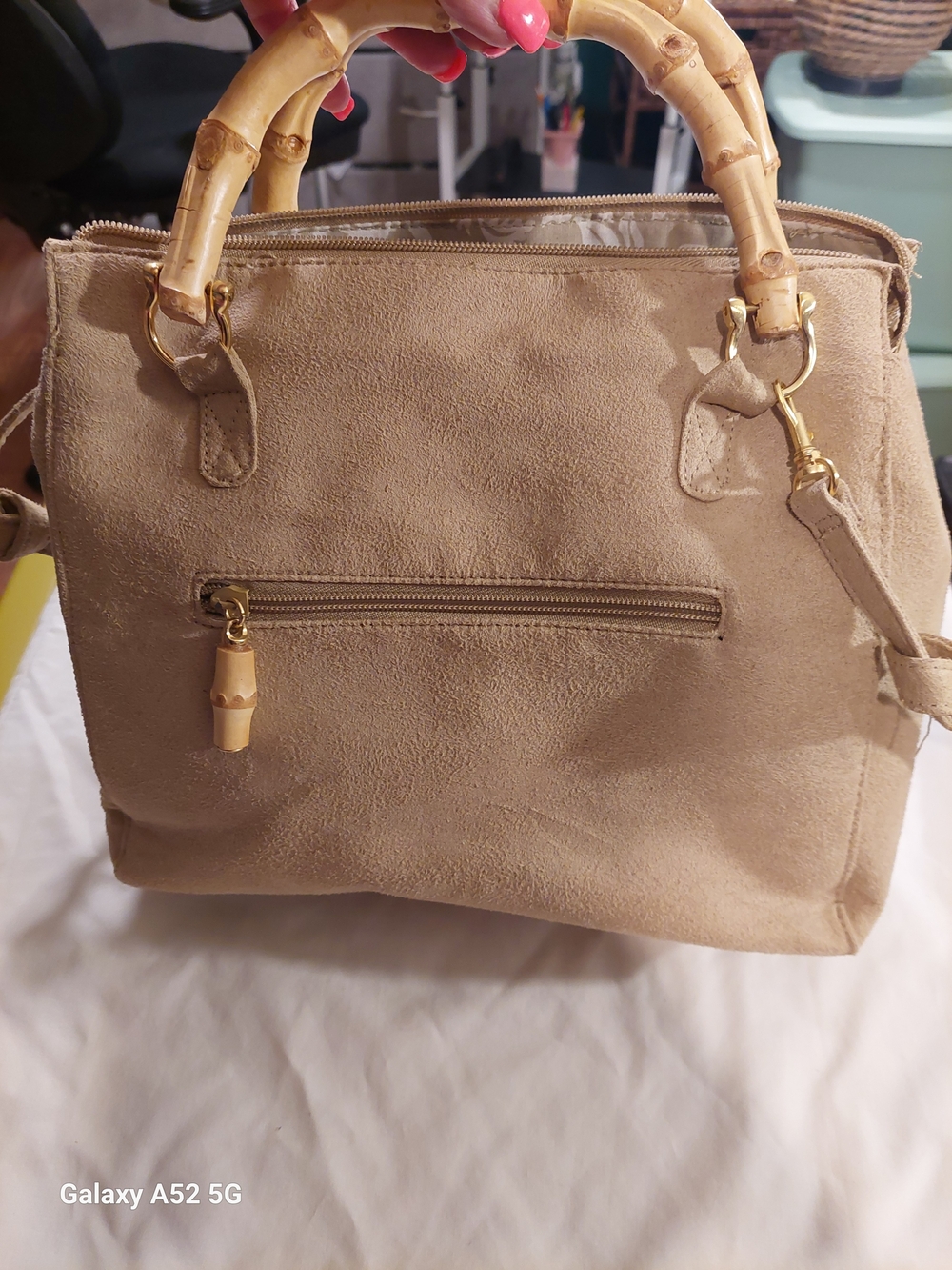 Suede Bamboo Handle Tote Bag - Beige